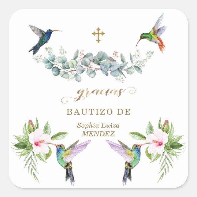 Sticker Carré Espagnol Hibiscus rose Fleurs Eucalyptus Bautizo (Devant)