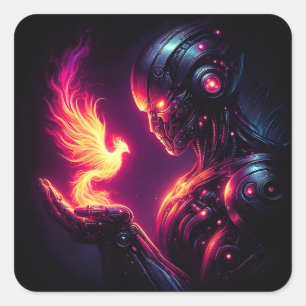 Sticker Carré Esprit de feu de phénix de robot cyber futuristic