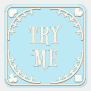 Sticker Carré "Essaie-moi" Wonderland Tea Party Invitant le bleu