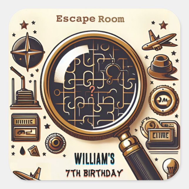 Sticker Carré étape Clue Spy Escape Room 7e anniversaire Invitat (Devant)