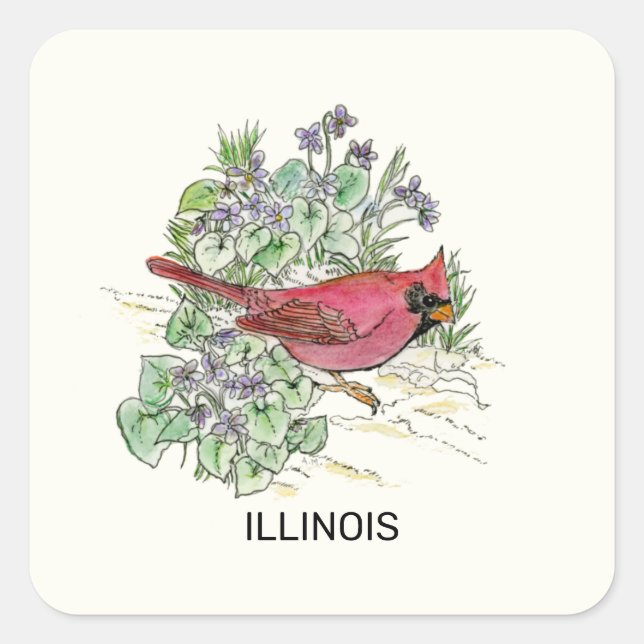 Sticker Carré État de l'Illinois Oiseau et fleur (Devant)