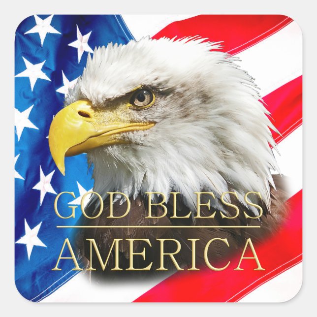 Sticker Carré États-Unis Drapeau, Aigle, Dieu bénit l'Amérique (Devant)