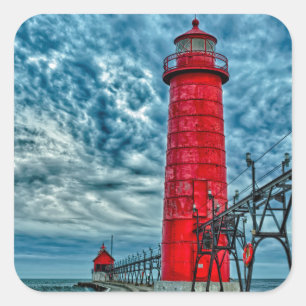 Sticker Carré États-Unis, Grand Haven, Michigan, Lighthouse