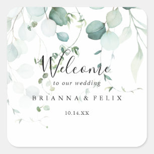 Sticker Carré Été Vert Eucalyptus Foliage Mariage Bienvenue