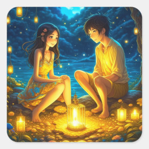Sticker Carré Ethereal Anime garçon et fille et Lanternes d'or