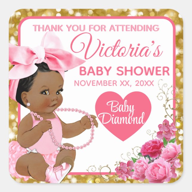 Sticker Carré Ethnic Baby Girl Rose & Gold Baby shower (Devant)