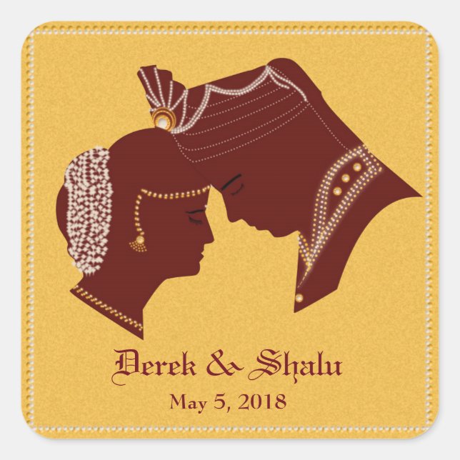 Sticker Carré Étiquette/autocollant de Mariage indien Dulha-Dulh (Devant)