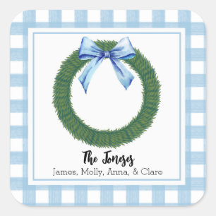 Sticker Carré Étiquette-cadeau Aquarelle bleue Plaid Bow Wreath