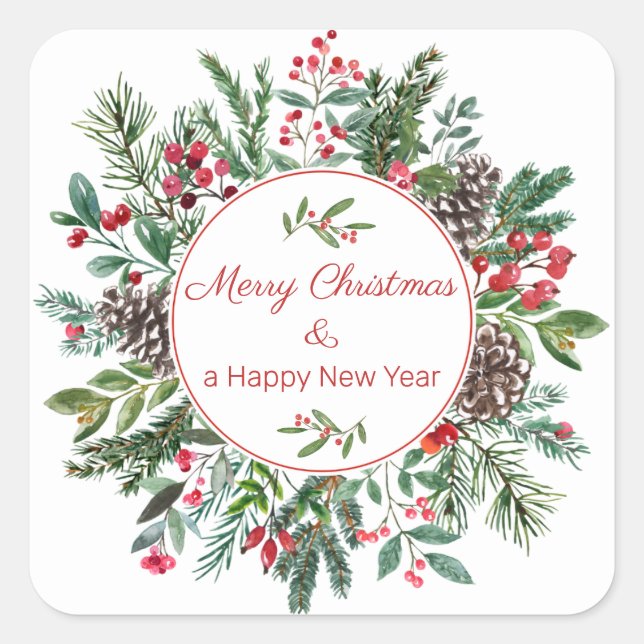 Sticker Carré Etiquettes Florales Merry Christmas Happy New Year (Devant)