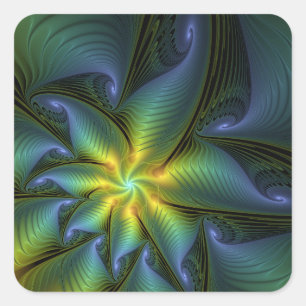 Sticker Carré Étoile abstraite, art fractal doré bleu vert brill