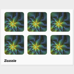 Sticker Carré Étoile abstraite, art fractal doré bleu vert brill