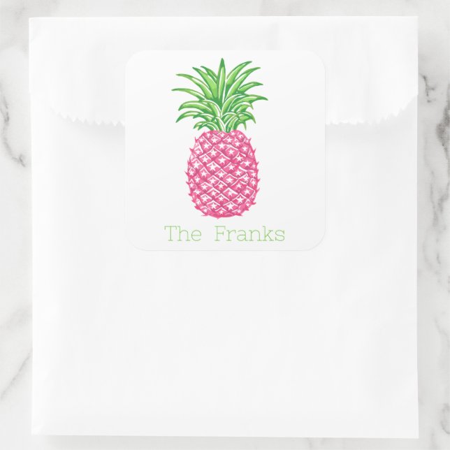 Sticker Carré Étoiles de Ananas Rose Preppy Personnalisées  (Sac)