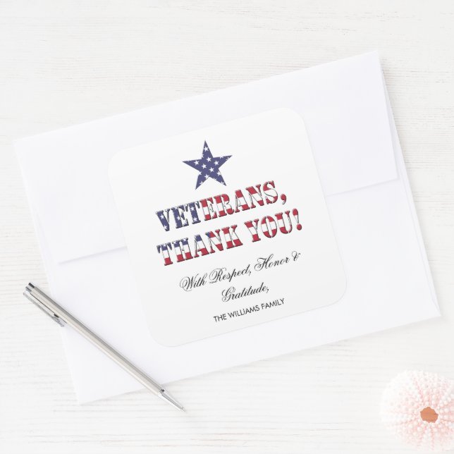 Sticker Carré Étoiles et rayures Merci des vétérans américains (Enveloppe)