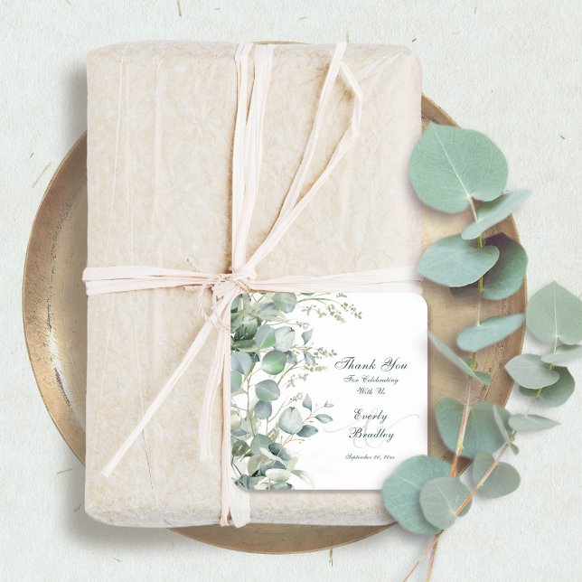 Sticker Carré Eucalyptus Aquarelle Script Mariage Merci Fav (Créateur téléchargé)
