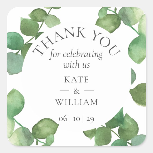 Sticker Carré Eucalyptus Boho Merci Mariage verdoyant (Devant)