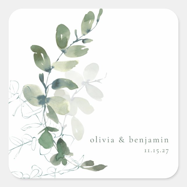 Sticker Carré Eucalyptus botanique moderne Nom de mariage person (Devant)
