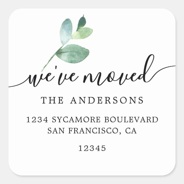 Sticker Carré Eucalyptus Calligraphy We’ve Moved New Address (Devant)