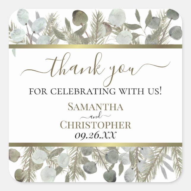 Sticker Carré Eucalyptus et pin Rustique Merci Mariage (Devant)