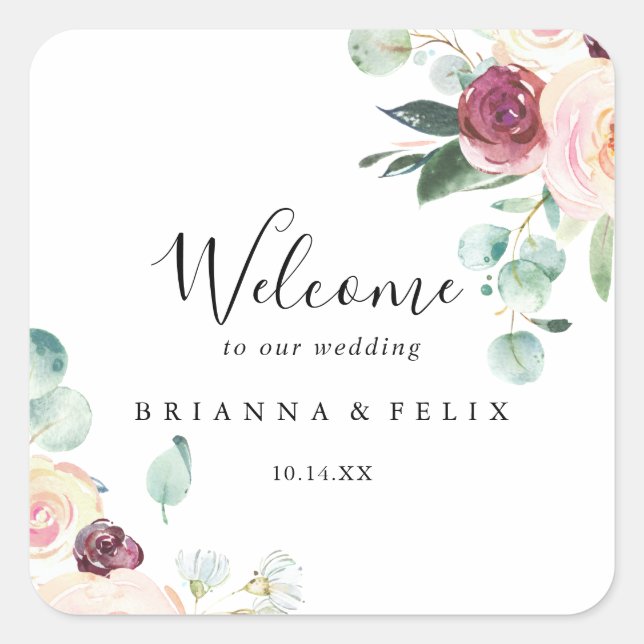 Sticker Carré Eucalyptus Floral Mariage contemporain Bienvenue (Devant)
