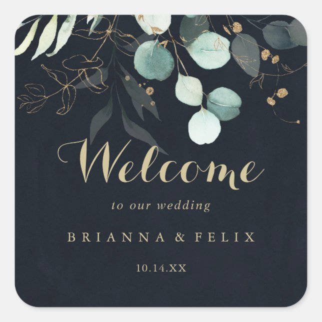 Sticker Carré Eucalyptus Gold Floral Blue Mariage Bienvenue (Devant)