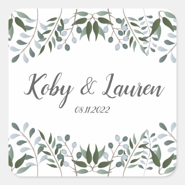 Sticker Carré Eucalyptus Green Anniversaire Floral Date (Devant)