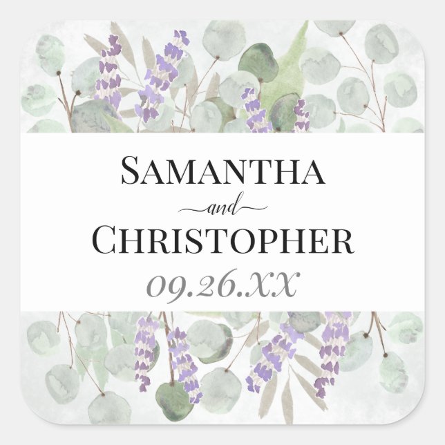 Sticker Carré Eucalyptus & Lavender Elegant Mariage Aquarelle (Devant)
