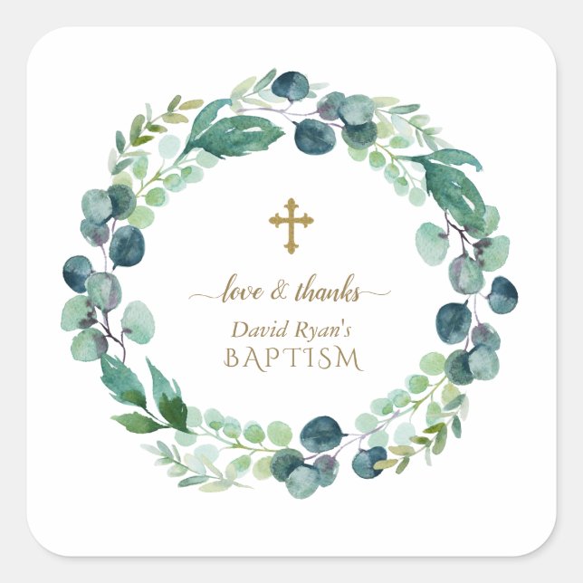 Sticker Carré Eucalyptus verdure Wreath Gold Cross Baptême (Devant)