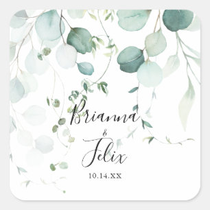 Sticker Carré Eucalyptus vert d'été Mariage Enveloppe Phoques