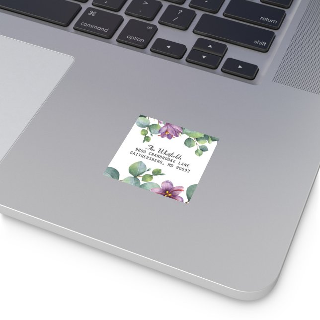 Sticker Carré Eucalyptus Vert Floral Adresse de retour Label (Moving Announcement Return Address Botanical Eucalyptus Sage Green Purple Sticker)