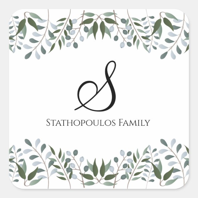Sticker Carré Eucalyptus Vert Floral Nom de famille (Devant)