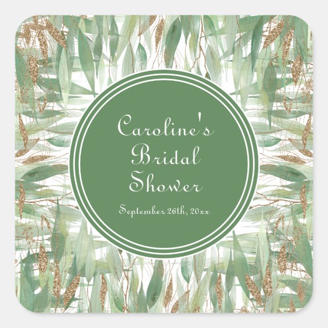 Sticker Carré Eucalyptus Vert Or Paillettes Feuilles Baby Shower (Devant)