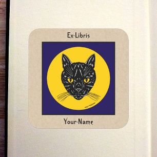 Sticker Carré Ex-libris au visage de chat noir