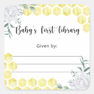 Sticker Carré Ex-libris Baby Shower abeille, livres pour bébé