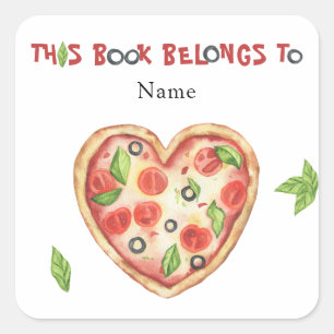 Sticker Carré ex-libris Baby Shower Pizza - Ce livre appartient