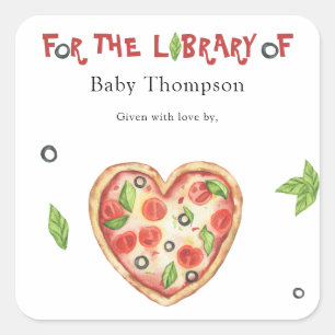 Sticker Carré ex-libris Baby Shower Pizza - pour la bibliothèque