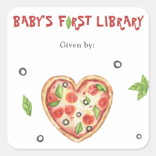 Sticker Carré ex-libris Baby Shower Pizza - Première bibliothèqu