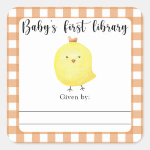 Sticker Carré Ex-libris Baby Shower poussin - première bibliothè