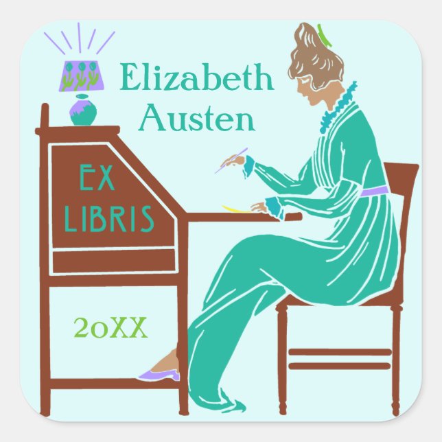 Sticker Carré Ex Libris Boite Déco Lady Writing Desk Personnalis (Devant)