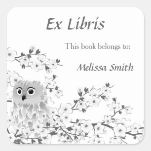 Sticker Carré Ex-libris Chouette et Cerisier en Fleurs