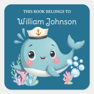 Sticker Carré Ex-libris de baleine bleue mignonne pour enfants