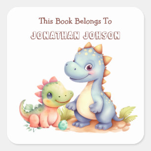 Sticker Carré Ex-libris de dinosaure mignon pour enfants fantais