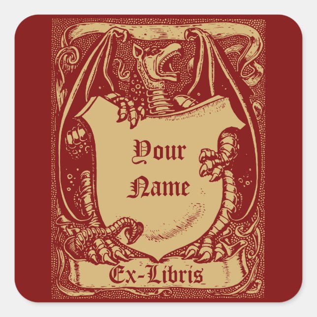 Sticker Carré Ex Libris Dragon Médiéval Avec Modèle Shield (Devant)