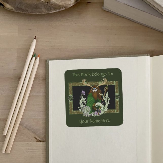 Sticker Carré Ex-libris Homme aux bois de cerf celtiques verts (Créateur téléchargé)