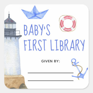 Sticker Carré Ex-libris nautique aquarelle - baby shower