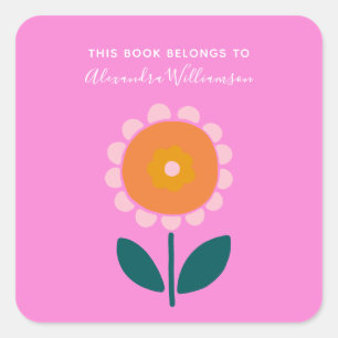 Sticker Carré Ex-libris personnalisé de fleur scandinave rose