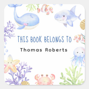 Sticker Carré Ex-libris pour baby shower - aquarelle nautique