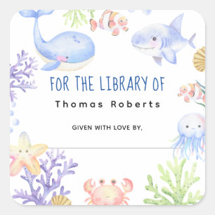 Sticker Carré Ex-libris pour baby shower - aquarelle nautique