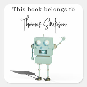 Sticker Carré Ex-libris pour baby shower - robot 3D
