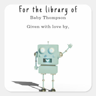 Sticker Carré Ex-libris pour baby shower - robot 3D