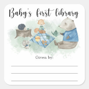 Sticker Carré ex-libris pour baby shower thème forêt, livres pou
